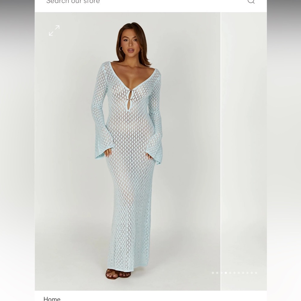 Meshki never worn crochet fishtail sleeve maxi dress in arctic blue